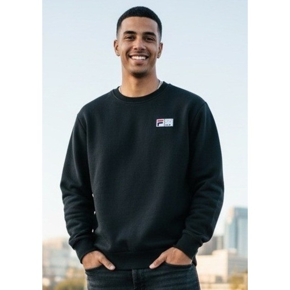 FILA Sweatshirt Men's Small Pullover White Rock Logo Black Cotton Outdoor Travel